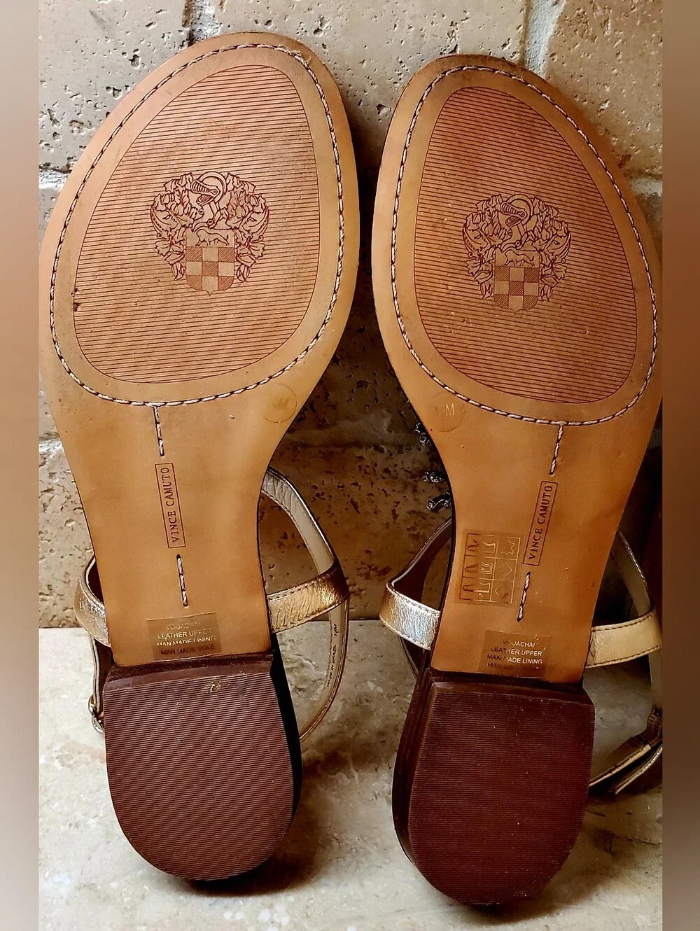 T-strap Flat Women's Sandals Size 10 Gold Leather with Crystal Embellishments